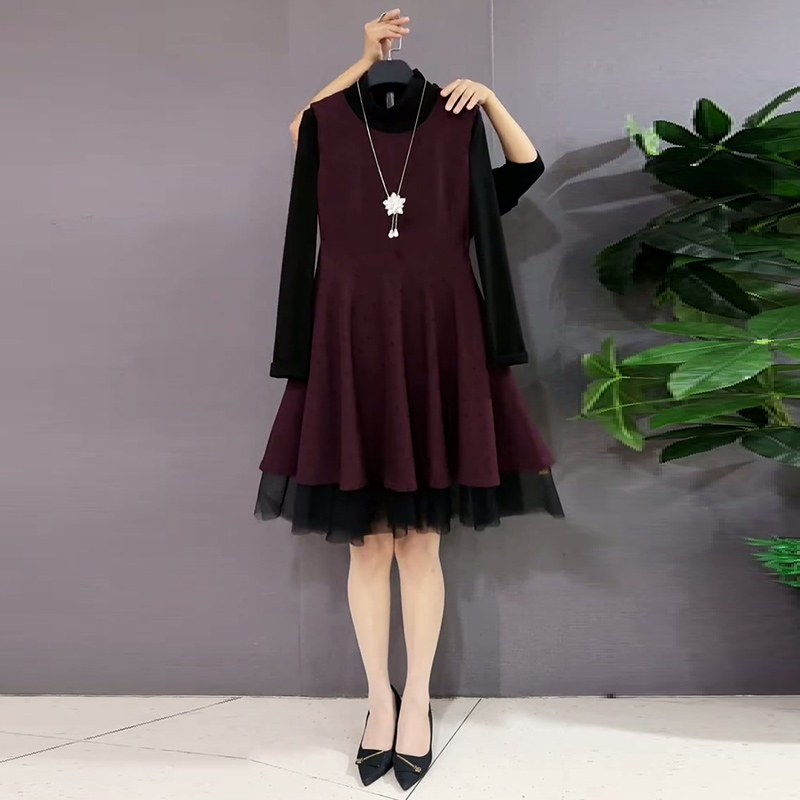 新款大码女装波点网纱连衣裙套装