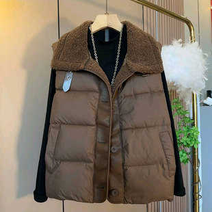 新款 韩版 大码 时尚 羔毛领马甲夹棉拼接上衣外套 女装 胖妹妹2025秋季