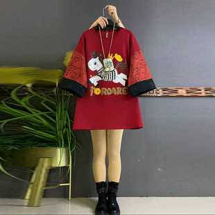 胖mm时尚 马上发财设计感古风元 女装 大码 显瘦洋气上衣女 素中长大衫