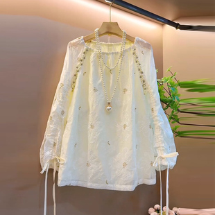 女装 秋季 大码 设计感女人衫 胖mm减龄重工珍珠洋气显瘦上衣 爆款