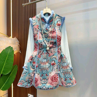 新款 套装 复古民族风毛毛边拼接收腰马甲裙大码 胖mm打底衫 女装 冬季