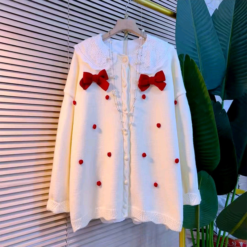 蝴蝶结针织开衫娃娃领衬衫