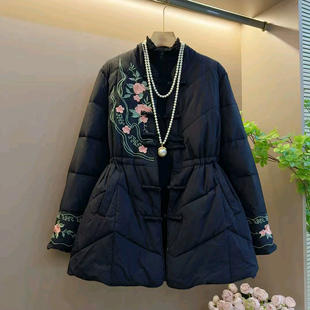 新款 刺绣大花外套胖MM显瘦盘扣国风上衣冬季 收腰棉服 女装 复古大码