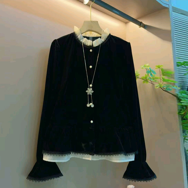 胖mm显瘦木耳边拼接小衫遮肉大码女装喇叭袖上衣新款花边丝绒衬衫,女装/女士精品,大码内搭,淘宝优惠券,粉丝福利购,淘宝优惠卷