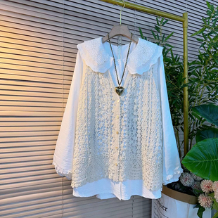 胖MM娃娃领衬衫 早春新款 女装 甜美减龄镂空针织马甲大码 两件套 时尚