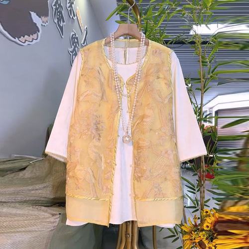 新中式复古国风刺绣马甲打底衫新