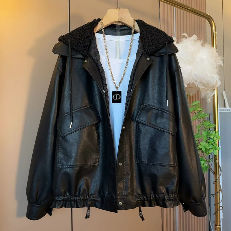 拼接连帽PU夹棉外套打底衫