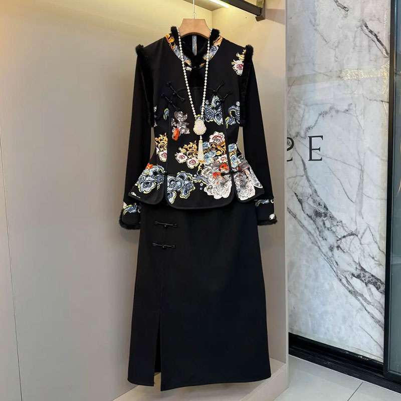 打底衫提花马甲半身裙三件套