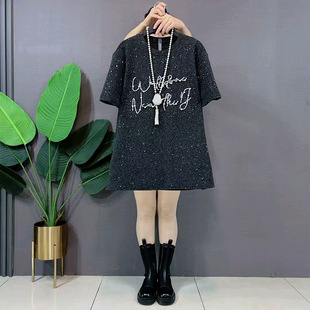 时尚 女装 休闲百搭显瘦上衣 T恤大码 胖妹妹重工钉珠字母满天星半袖