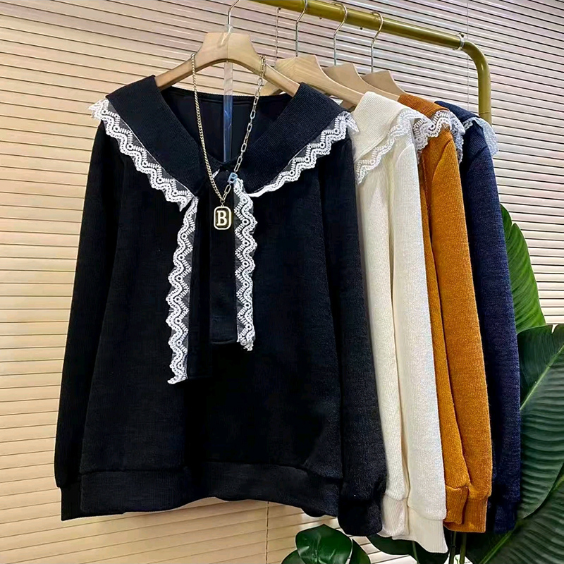 V领甜美蕾丝拼接蝴蝶结长袖衫新