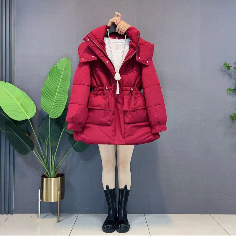 冬季新款大码女装连帽抽绳收腰棉服胖妹妹时尚百搭保暖加厚棉外套