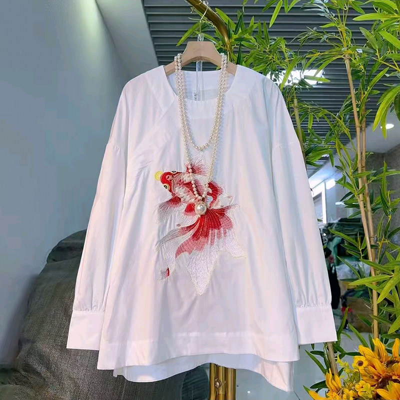 胖妹妹大码女装春季2026新款新中式国风刺绣鲤鱼设计休闲百搭大衫,女装/女士精品,大码内搭,淘宝优惠券,粉丝福利购,淘宝优惠卷