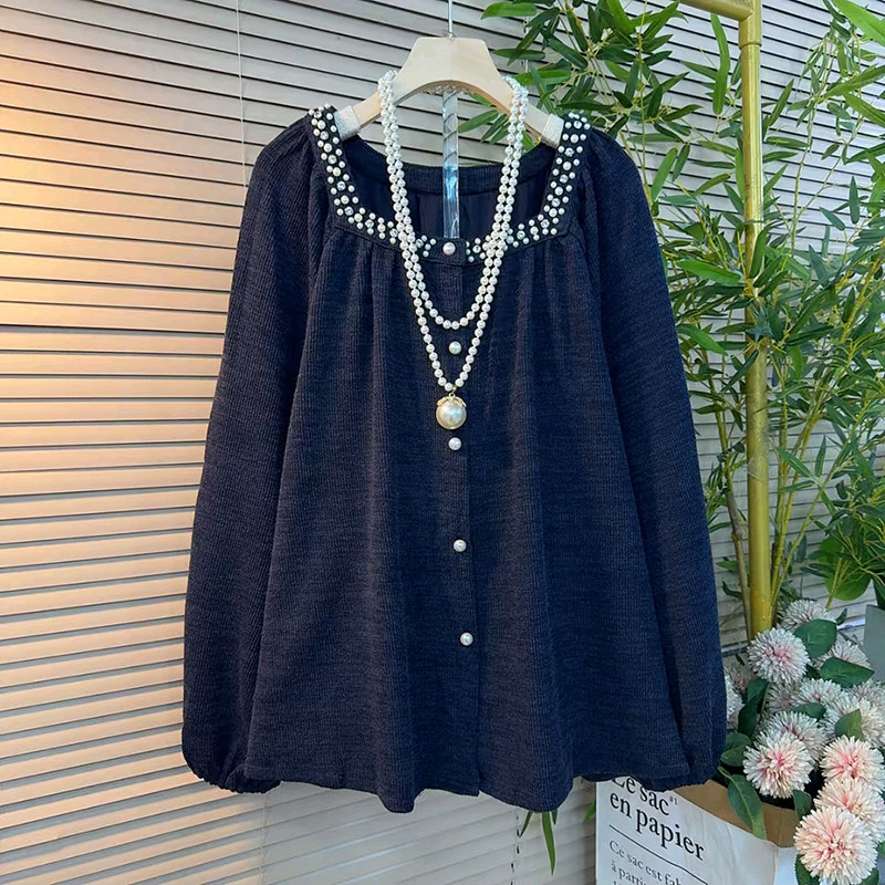 方领重工订珠订钻宽松遮肉衬衫