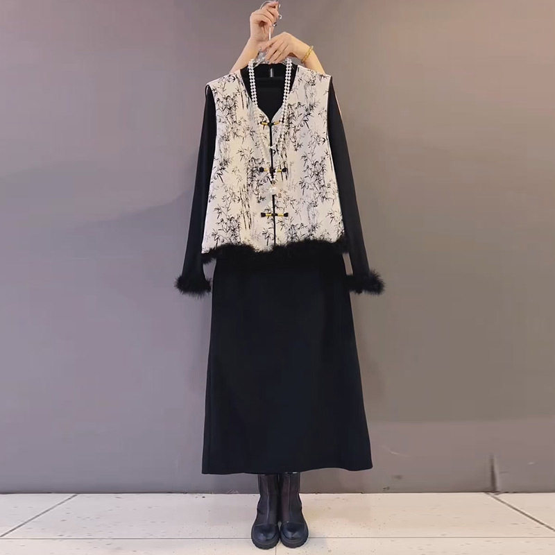 国风复古水墨提花盘扣马甲新中式拼毛袖打底衫半裙胖妹妹大码女装,女装/女士精品,大码半身裙,淘宝优惠券,粉丝福利购,淘宝优惠卷