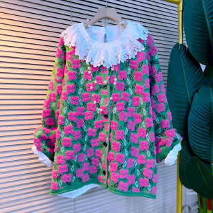 女装 大码 胖MM显瘦 新款 花边荷叶领纯色打底彩色花朵毛衣2024冬季