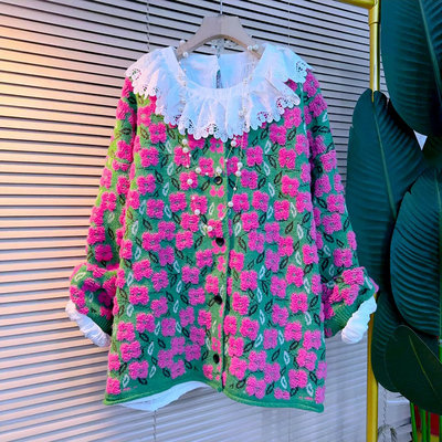 花边荷叶领纯色打底彩色花朵毛衣