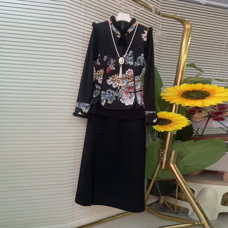 复古大码女装刺绣马甲打底半身裙