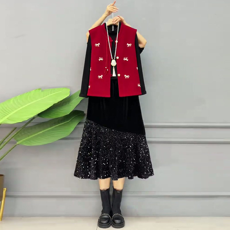 新中式刺绣马甲胖mm显瘦打底衫拼接半裙套装2026春季新款大码女装,女装/女士精品,大码套装,淘宝优惠券,粉丝福利购,淘宝优惠卷