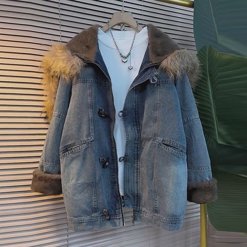 毛边披肩开领加厚牛仔外套