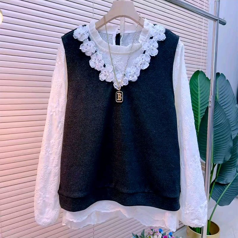蕾丝衬衫立体花马甲两件套