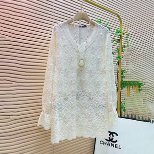 蕾丝大码 重工钉珠气质V领中长款 女装 小衫 潮 新款 上衣冬季 欧货时尚