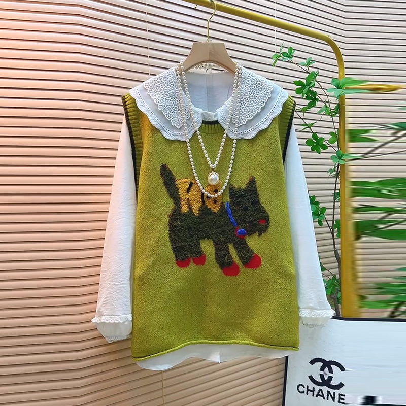 卡通小狗减龄针织马甲娃娃领衬衫