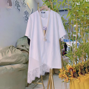 2026新款 设计感蕾丝拼接不规则短袖 女装 胖妹妹大码 气质上衣潮 小衫