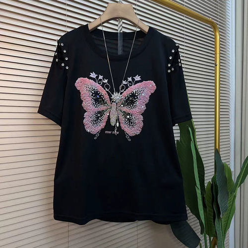 夏季甜美蝴蝶印花短袖百搭衫上衣