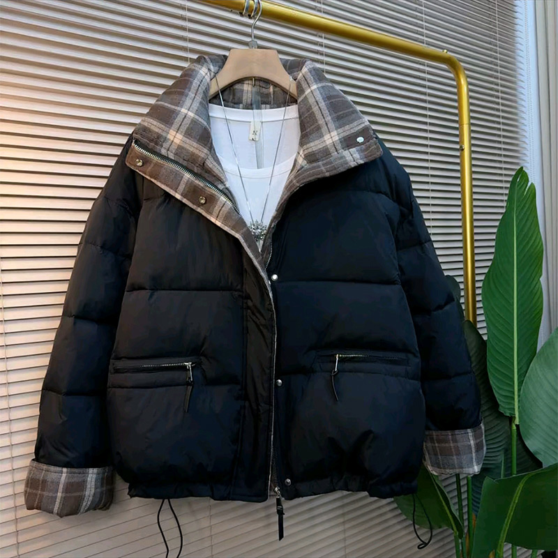 拉链兜抽绳拼格棉服外套