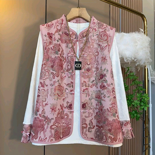 新款 新中式 大码 时尚 宽松百搭减龄盘扣马甲两件套 女装 胖mm2025冬季