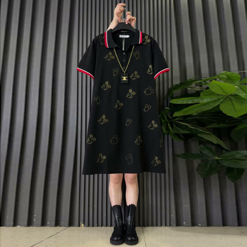 翻领大码女装烫钻米奇连衣裙