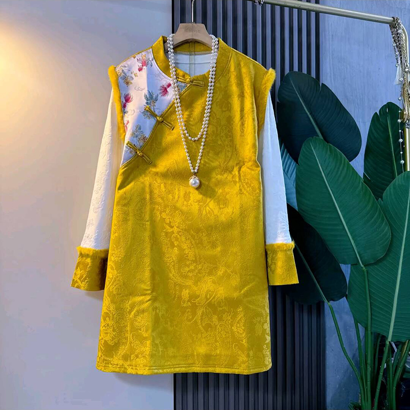 复古民族风加绒马甲裙打底衫套装