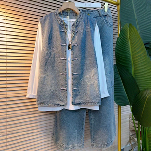 2026新款 春季 时尚 复古国风提花马甲搭牛仔裤 胖妹妹大码 打底衫 女装