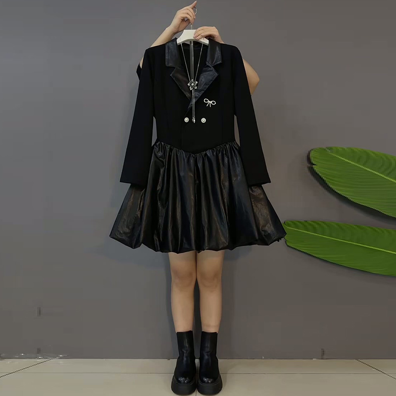 冬季大码女装西服领拼接连衣裙