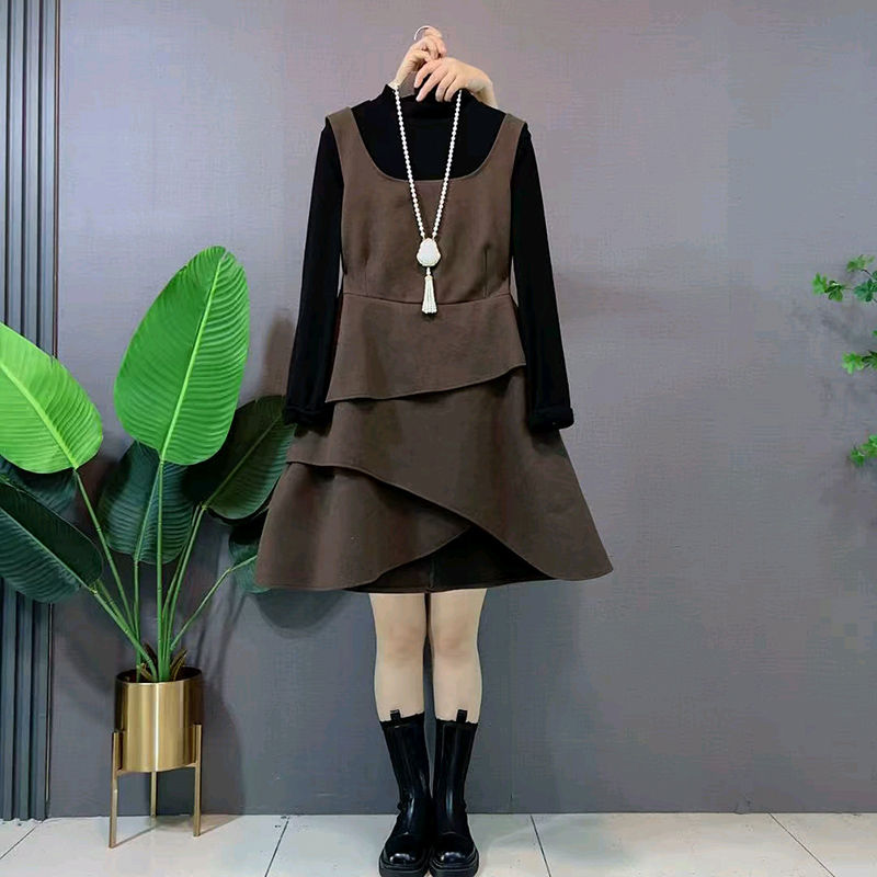 加肥立领长袖打底衫马甲裙两件套