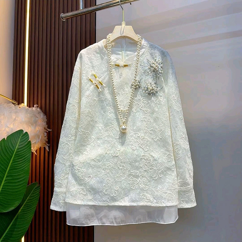 2026春季新款重工钉珠上衣胖mm显瘦中长大衫复古大码女装盘扣衬衫,女装/女士精品,大码内搭,淘宝优惠券,粉丝福利购,淘宝优惠卷