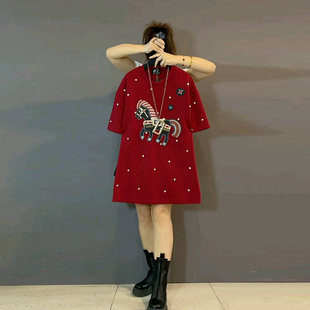 韩版时尚重工亮钻卡通小马潮范T恤大衫大码女装胖mm洋气减龄上衣