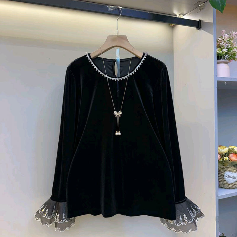 欧货春季精致钉珠喇叭袖丝绒衫上衣遮肉复古法式大码女装减龄显瘦,女装/女士精品,大码内搭,淘宝优惠券,粉丝福利购,淘宝优惠卷