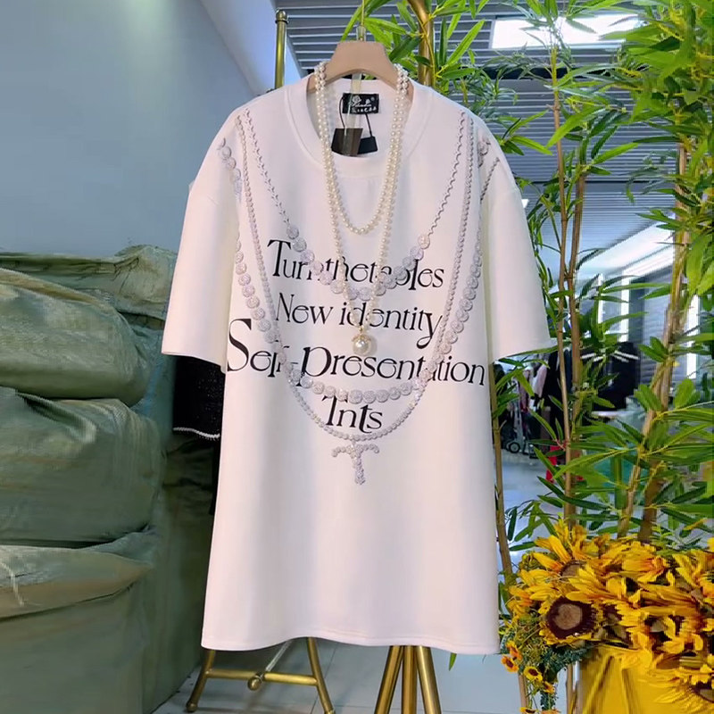 减龄大码女装圆领字母T恤衫胖mm显瘦亮钻中长款大衫春季新款2026