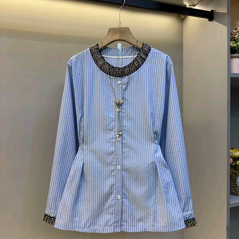胖妹妹大码女装春季2026新款欧货钉珠压褶收腰条纹高级感百搭衬衫,女装/女士精品,大码内搭,淘宝优惠券,粉丝福利购,淘宝优惠卷