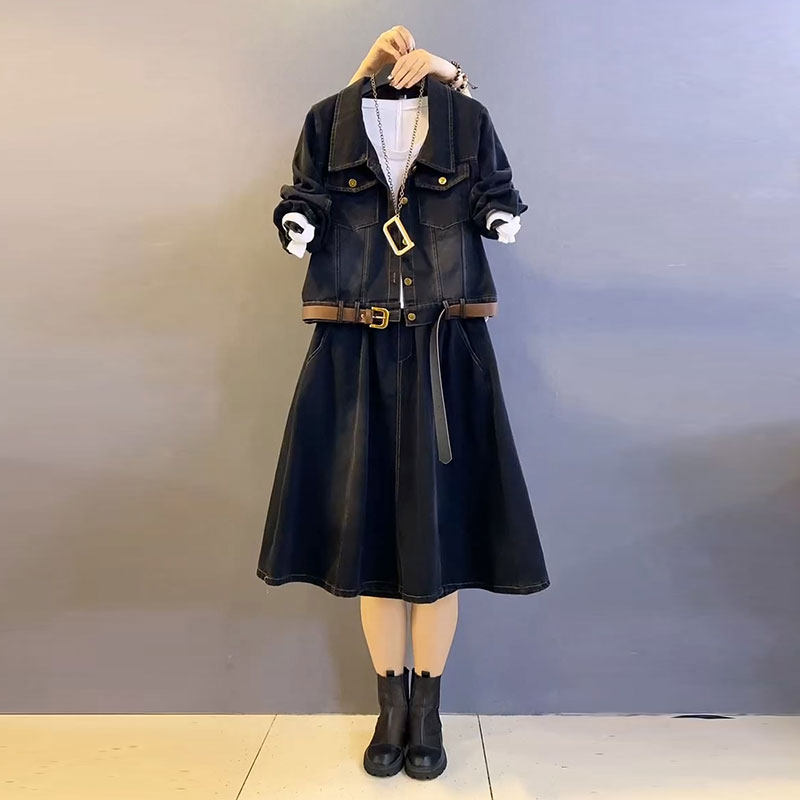 时尚韩版休闲牛仔上衣半身裙两件套胖妹妹2024秋季新款大码女装女,女装/女士精品,大码套装,淘宝优惠券,粉丝福利购,淘宝优惠卷