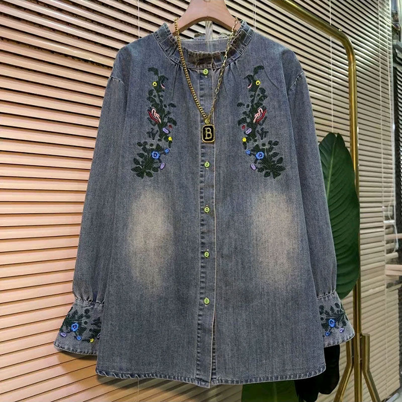 2026新款大码女装牛仔木耳边重工刺绣花朵马蹄袖宽松洋气百搭衬衫,女装/女士精品,大码内搭,淘宝优惠券,粉丝福利购,淘宝优惠卷