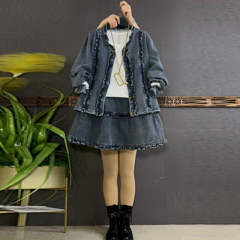 胖mm显瘦牛仔开衫外套短裙套装2026春季新款花边上衣半裙大码女装,女装/女士精品,大码套装,淘宝优惠券,粉丝福利购,淘宝优惠卷