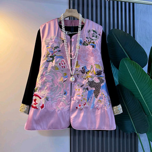 新中式 胖妹妹国风富贵牡丹刺绣马甲拼袖 女装 大码 气质马夹 内搭新款