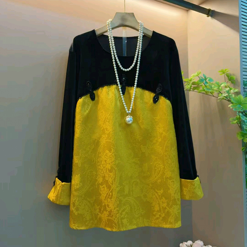 新中式撞色大码女装拼接盘扣上衣