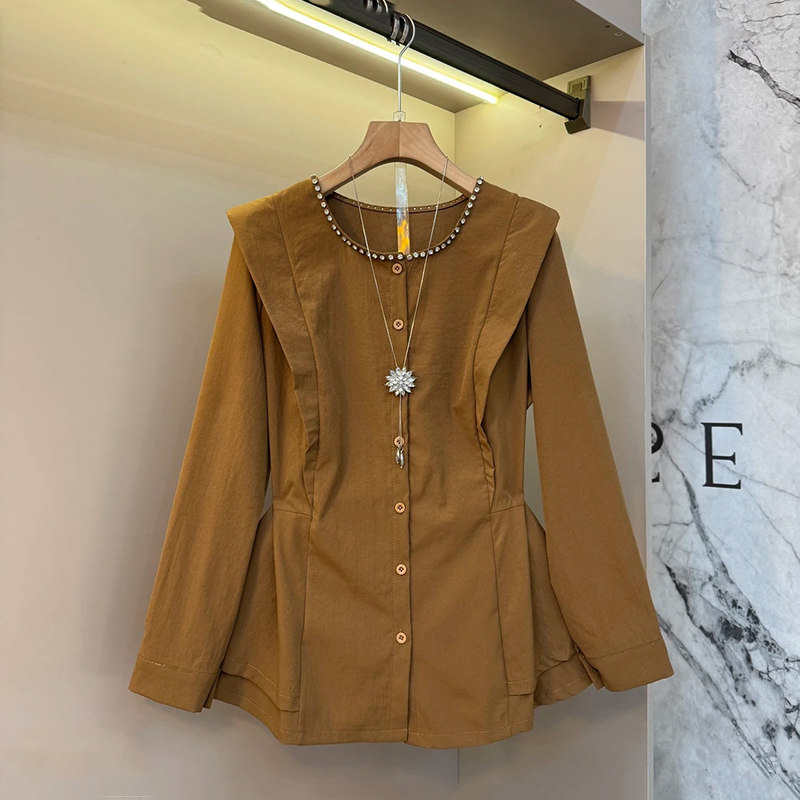 爆款韩版亮钻圆领设计感气质衬衫