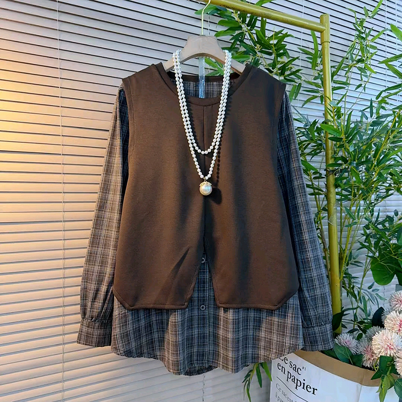 秋季大码女装拼接假两件百搭上衣