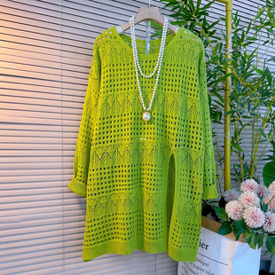 镂空钩花开衩套头针织衫 欧货中长款 上衣设计感宽松慵懒风纯色大衫