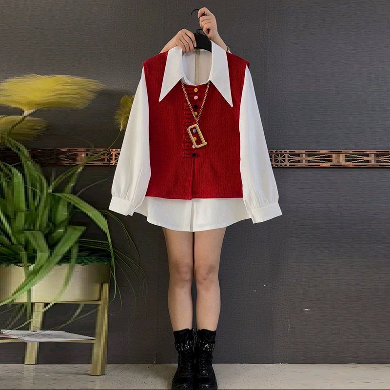 胖mm显瘦针织彩扣马甲2026春季新款翻领百搭打底衫两件套大码女装,女装/女士精品,大码套装,淘宝优惠券,粉丝福利购,淘宝优惠卷