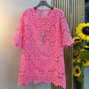胖mm显瘦镂空短袖 圆领蕾丝衫 T恤衫 减龄大码 上衣 2026夏季 女装 新款